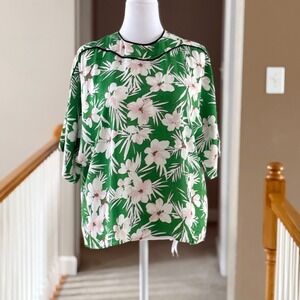 Pari Passu Marni Top Floral Print Blouse Short Sleeve Zip Back Black Piping 16